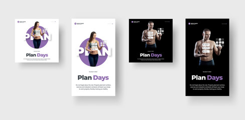 Wall Mural - booklet design on sports and nutrition, on white and black background, for stories and post.