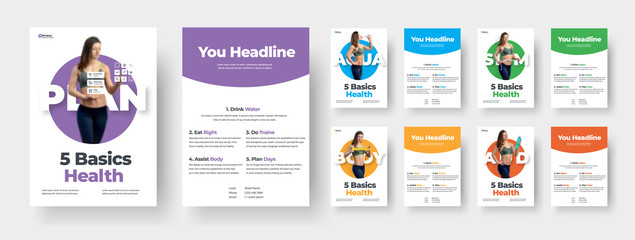 Wall Mural - double-sided leaflet template with colored circles and a girl on a white background.