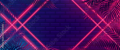 Fotografie, Obraz Bright red neon rays intersect to form a frame, futuristic background with tiles