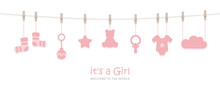 Its A Girl Welcome Greeting Card For Childbirth With Hanging Baby Utensils Vector Illustration EPS10