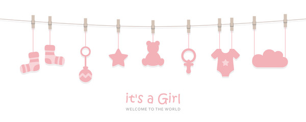 its a girl welcome greeting card for childbirth with hanging baby utensils vector illustration EPS10