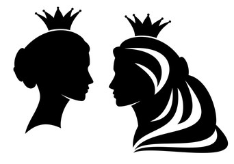 Wall Mural - fairy tale medieval queen or princess profile head silhouette - beautiful royal female black vector side view portrait