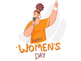 Poster - Cheerful Young Girl Singing a Song from Mic on White Background for Happy Women's Day Celebration.