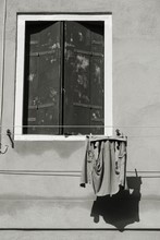 Window And Laundry In Venice. Black And White Vintage Style.