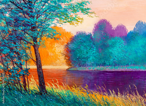 Naklejka - mata magnetyczna na lodówkę Oil painting landscape , beautiful river.