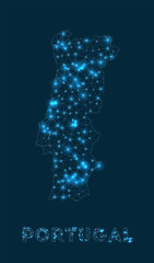 Portugal network map. Abstract geometric map of the country. Internet connections and telecommunication design. Artistic vector illustration.