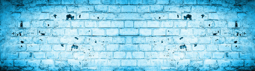 Blue white damaged rustic brick wall texture banner panorama