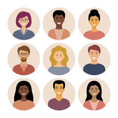 Set of round flat icons with people. Different nationalities.