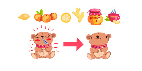 Vector hand drawn poster with elements working for treating flu with two cute cartoon style bears – one is sick, another is healthy. With hot tea, cup, honey, lemon, ginger and orange. Isolated on whi