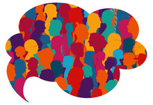 Speech Bubble Shape.Dialogue And Communication Group Of Diverse Multiethnic And Multicultural People.Silhouette Of Colored Profile.Crowd Talking.Population.Society.Community.Friendship