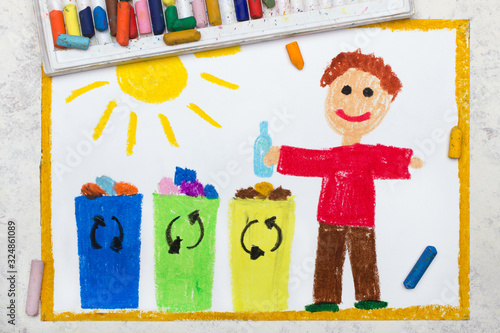 Photo of colorful drawing:  Waste separation. Smiling boy segregating their garbage to different colored trash bins. Waste sorting to help safe the planet