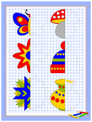 Wall Mural - educational page for kids. printable worksheet on square paper for children. draw the second parts o