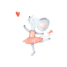 Cute Grey Mouse Girl In A Pink Dress. Ballerina With A Heart. Watercolor Painting. Hand Drawn Illustration