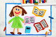 Photo of colorful drawing: Smiling young girl with open books. The schoolgirl reads books and learns