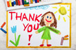 Photo of colorful drawing: Smiling young woman and hand drawn lettering phrase THANK YOU
