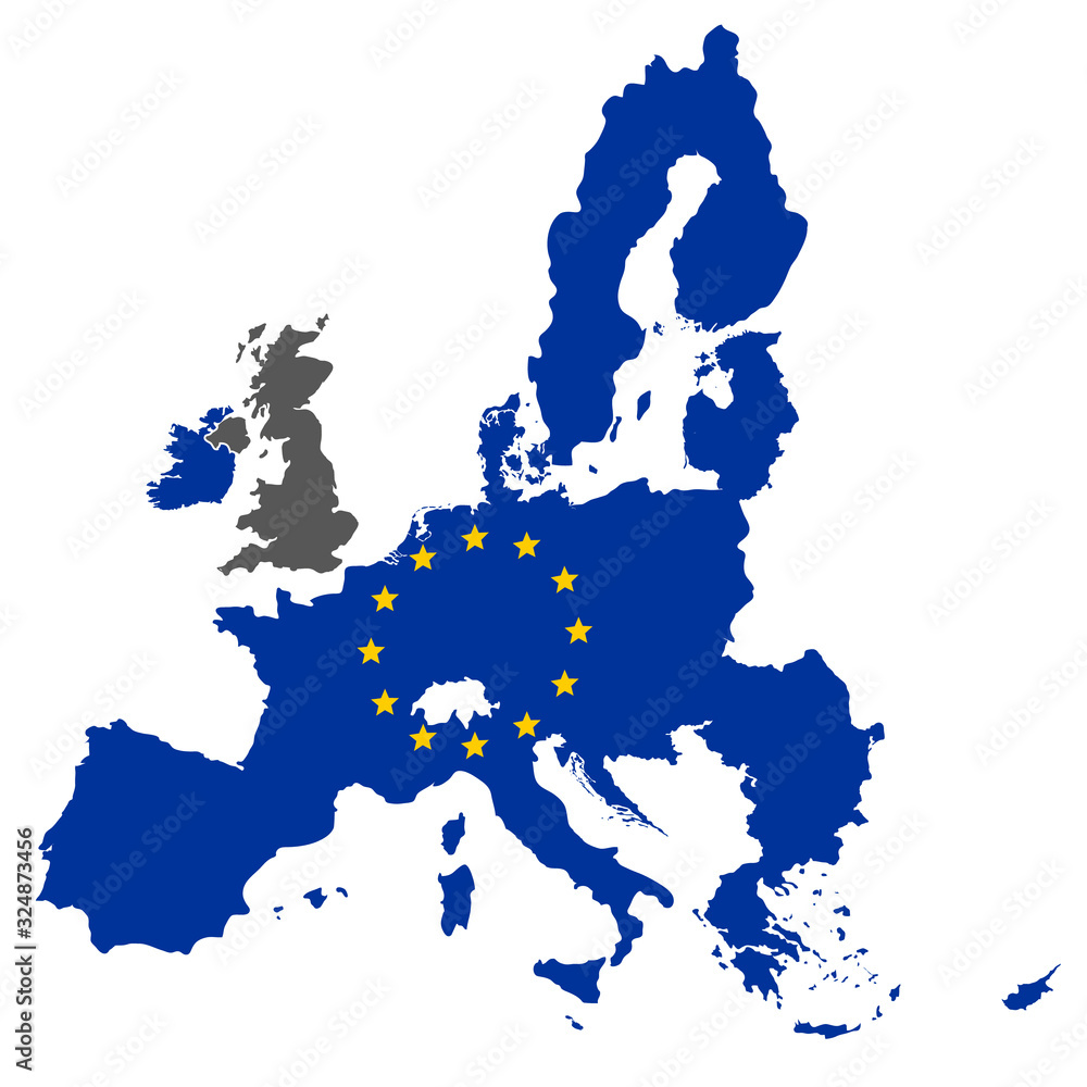 european union map blue color with stars without england - obrazy, fototapety, plakaty 