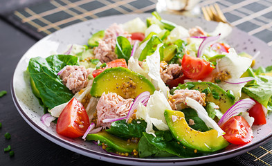 Tuna fish salad with lettuce, cherry tomatoes, avocado and red onions. Healthy food. French cuisine.