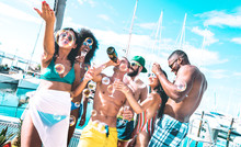 Multicultural Friends Group Having Fun Drinking Wine At Sail Boat Party - Entertainment Concept With Young Multi Racial People On Sailboat - Happy Travel Lifestyle On Luxury Location - Azure Filter