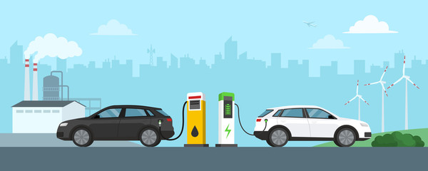gasoline car and electric car at the station