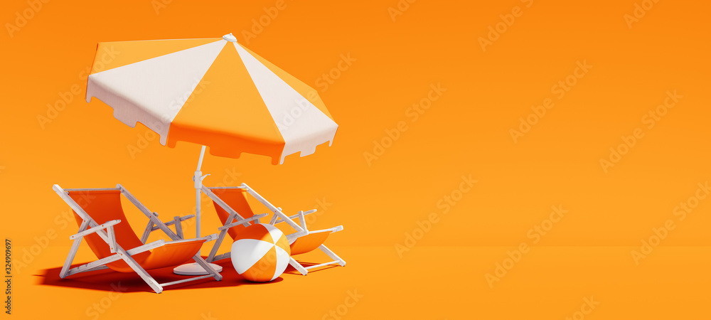 Two beach chairs with parasol on lush orange summer background 3D Rendering - obrazy, fototapety, plakaty 
