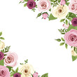 Vector background or invitation card with pink and white roses and lisianthus flowers and blackberries.
