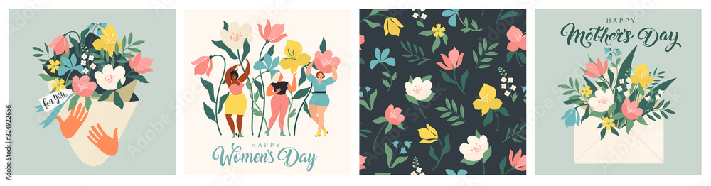Happy Womens Day March 8 Cute cards and posters for the spring holiday. Vector illustration of a date, a women and a bouquet of flowers. - obrazy, fototapety, plakaty 