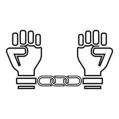 Wall Mural - Handcuffed hands Chained human arms Prisoner concept Manacles on man Detention idea Fetters confine Shackles on person icon outline black color vector illustration flat style image