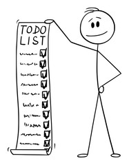 Wall Mural - Vector cartoon stick figure drawing conceptual illustration of man or businessman holding todo, to-do list or checklist with checking of compete tasks.