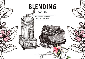 Wall Mural - Herbal illustration on label packaging design. Hand drawn vector botanic set with branch, flowers, coffee maker and beans, bag.