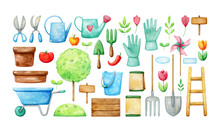 Garden Equipment Tool Set In Beautiful Simple Watercolor. Colorful Gardening Collection.