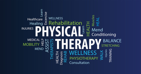 Physical Therapy Word Cloud on a Blue Background