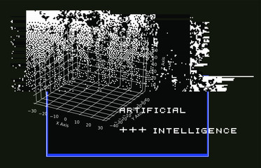 Aufkleber - Glitched screen with malware computer program. Pixel art style illustration like in old 1-bit black and white images.