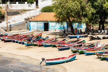 Colorful Traditional Wooden Fishing Boats On The Beach Of Tarrafal In Cape Verde