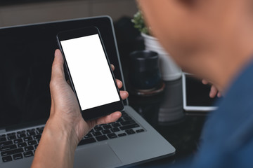 Mockup man using mobile smart phone