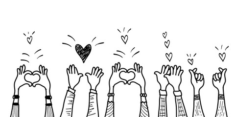doodle hands up,hands clapping with love. applause gestures. congratulation business. vector illustr