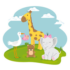 Poster - cute group of animals in landscape vector illustration design