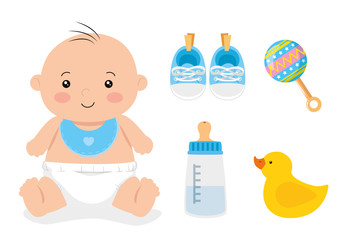 Poster - cute little baby boy with set toys vector illustration design