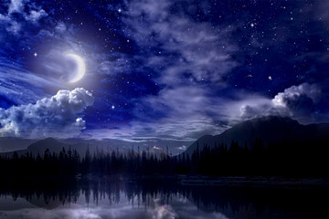 Wall Mural - crescent over the river and beautiful forest
