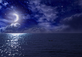 Wall Mural - Crescent moon over the sea at night