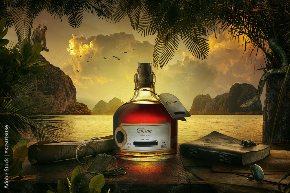 NO LOGO OR TRADEMARK!  view of bottle of rum  on sunset background.  - obrazy, fototapety, plakaty 