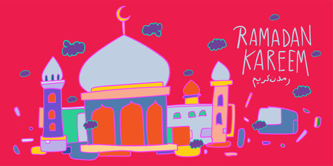 Wall Mural - Ramadan kareem mosque, kids doodle illustration islamic greeting card, banner, poster vector illustration background.