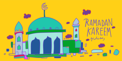 Wall Mural - Ramadan kareem mosque, kids doodle illustration islamic greeting card, banner, poster vector illustration background.