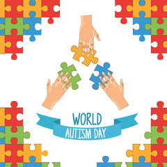 Wall Mural - world autism day with hands playing puzzle