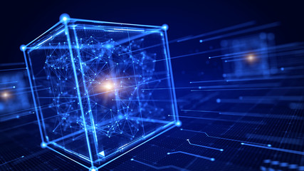 Wall Mural - block chain concept - block cube and network connections . 3d rendering