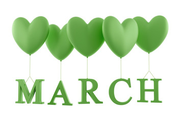 Wall Mural - march text word hanging on green heart shape balloons 3d render