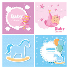 Sticker - set of baby shower cards with decoration vector illustration design