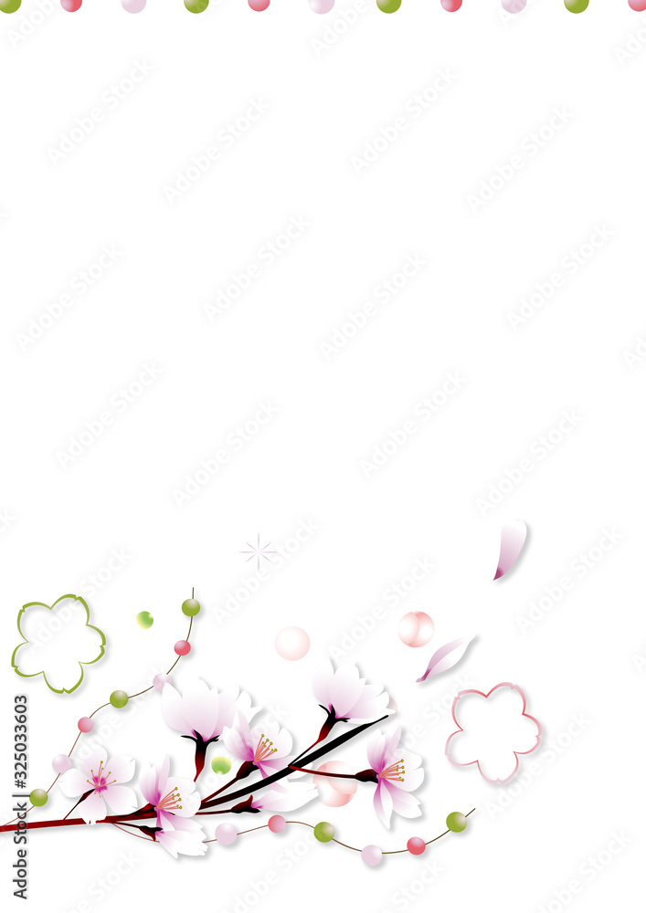 桜の花に玉飾りと桜型のオブジェのイラストアート長形レイアウト縦スタイル背景素材 Mapy Fototapety