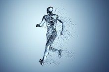 Human Body Shape Of A Running Man Filled With Blue Water On Blue Gradient Background - Sport Or Fitness Hydration, Healthy Lifestyle Or Wellness Concept