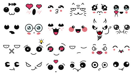 Wall Mural - Kawaii cute faces. Funny cartoon japanese emoticon in in different expressions. Expression anime character and emotion. Social network, print, Japanese style emoticons, Mobile, chat. kawaii emotions.