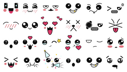 Wall Mural - Kawaii cute faces. Funny cartoon japanese emoticon in in different expressions. Expression anime character and emotion. Social network, print, Japanese style emoticons, Mobile, chat. kawaii emotions.